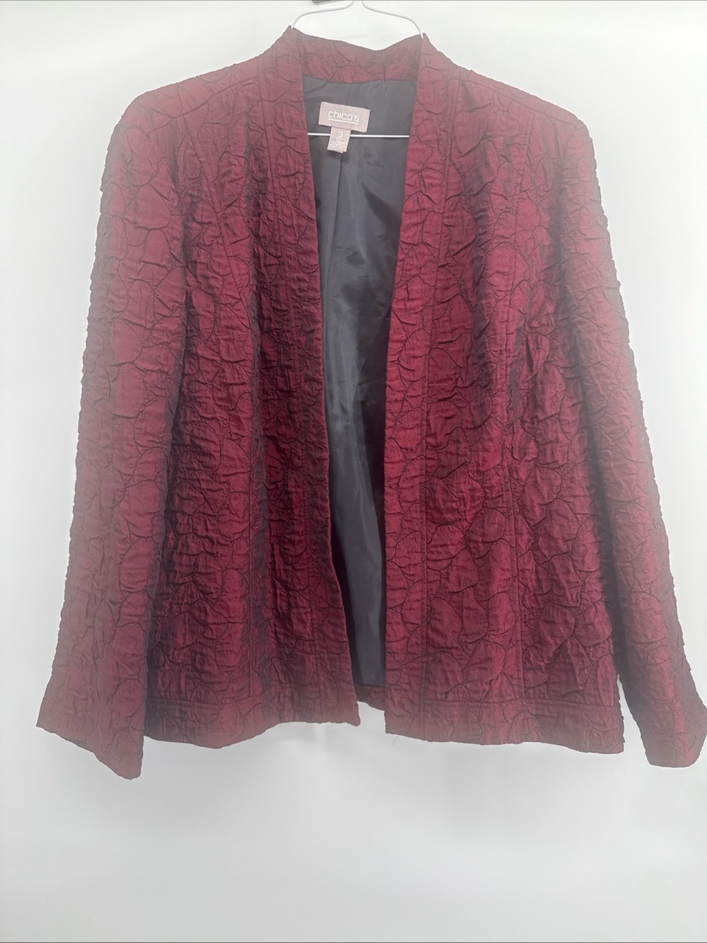 Chico's Crinkled Open-Front Blazer in Deep Burgundy